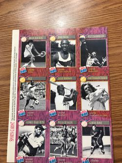 Uncut sheet of Sport Illustrated Kids Cards Babe Ruth Billy Jean King Wilt Chamberlain Jackie Robinson Gordie Howe