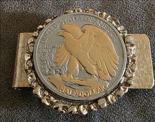 Vintage Walking Liberty 90% Silver Half Dollar Gold Nugget Bezel Money Clip