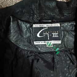 Knee Length Black Leather Mandala Print Coat 