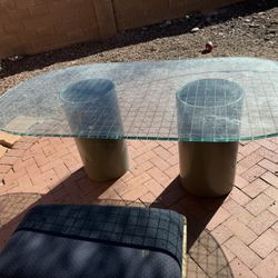 Heavy Glass Table With Two Cylinder Stands