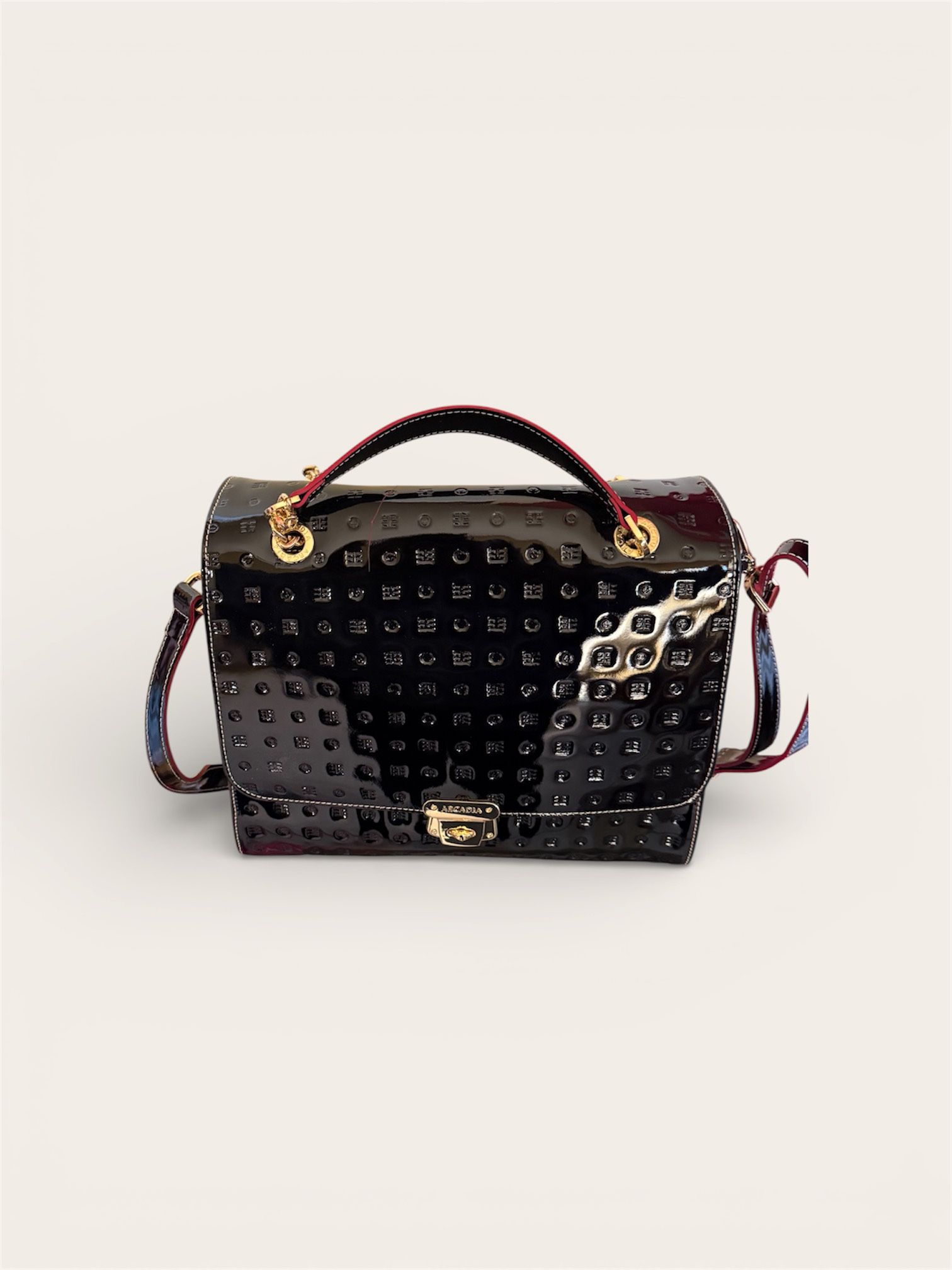 Arcadia Black Patent Leather Embossed Handbag