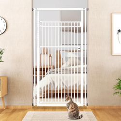 78.8" Extra Tall Cat Gate, 28.3-33" Wide Safety Metal Cat Door, Pressure Mounted Easy Walk Through Pet Gate with Door for Stairs, Doorways (White)