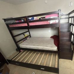 3 Person dark brown solid wood bunk bed with storage 
