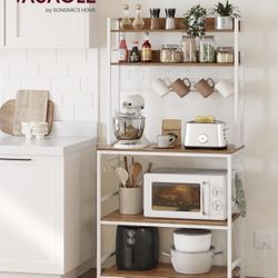 Bakers Rack with Power Outlet, Microwave Stand, Kitchen Tall Utility Storage Shelf, with Metal Wire Panel, 14 Hooks, 15.7 x 31.5 x 66.9 Inches, Rustic