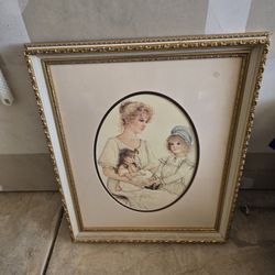 Vintage Matted Gold Frame Mother And Child Print  Portrait 