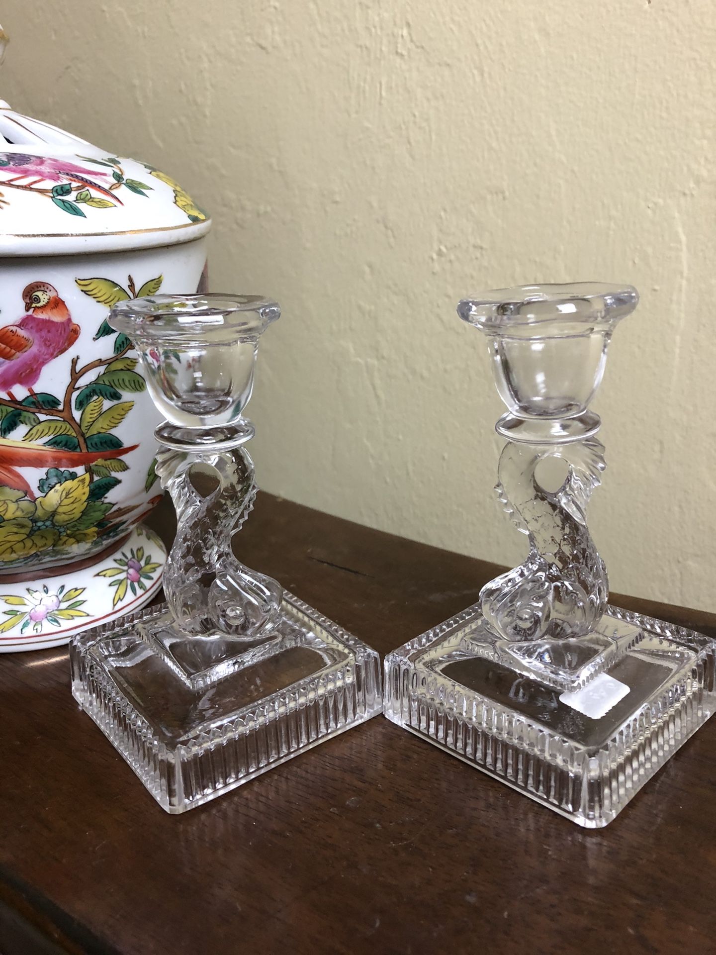 Vintage Clear Glass Dolphin/Koi Candlesticks