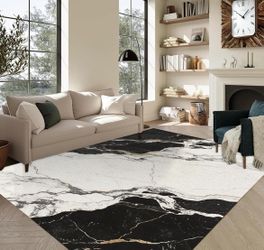 Area Rug 6x9 ft, Black White Marble Pattern, Washable Non-Slip