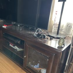 Dark Brown Wood TV Stand / – Glass Doors + Open Shelves