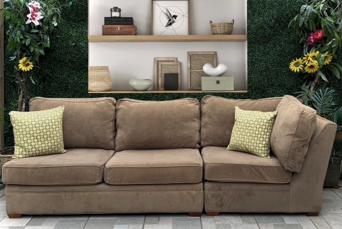 (Free Delivery 🚚) Brown Suede Corduroy 2-Piece Sectional w/Reversible Corner Piece