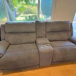Living Spaces Power Reclining Loveseat – Dual Recliners, USB & Console