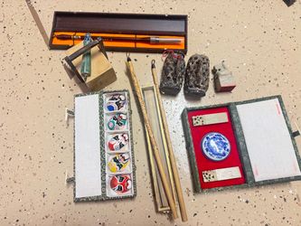 Vintage Chinese Scholar’s Desk Collection – Calligraphy Brushes, Seals & Decorative Items