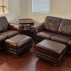Leather Sofa & Loveseat Set w/ Ottomans + End Table – Beautiful Condition!