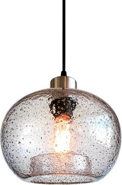 CASAMOTION Hand Blown Glass Pendant Light, Clear Seeded Globe with Brushed Nickel