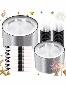 350 Pcs Black and Clear Plastic Dinnerware Set for 50 Guests, Include: 50 Dinner Plates, 50 Dessert Plates, 50 Pre Rolled Napkins With Silverware, 50 
