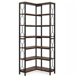Frailey 23.6 in. Wide Rustic Brown 14-Shelf Corner Bookcase, 7-Tier Industrial Corner Shelf Freestanding Bookshelf