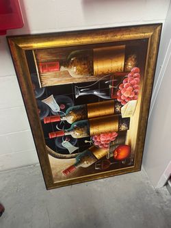 Large Framed Wine Still Life Oil Painting