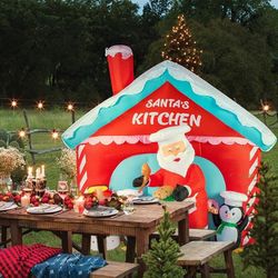 6.7ft Christmas Inflatable Outdoor SANTAS KITCHEN Decorations Inflatable Santa Penguins Sharing Food Light Decor Built-in LED Lights 