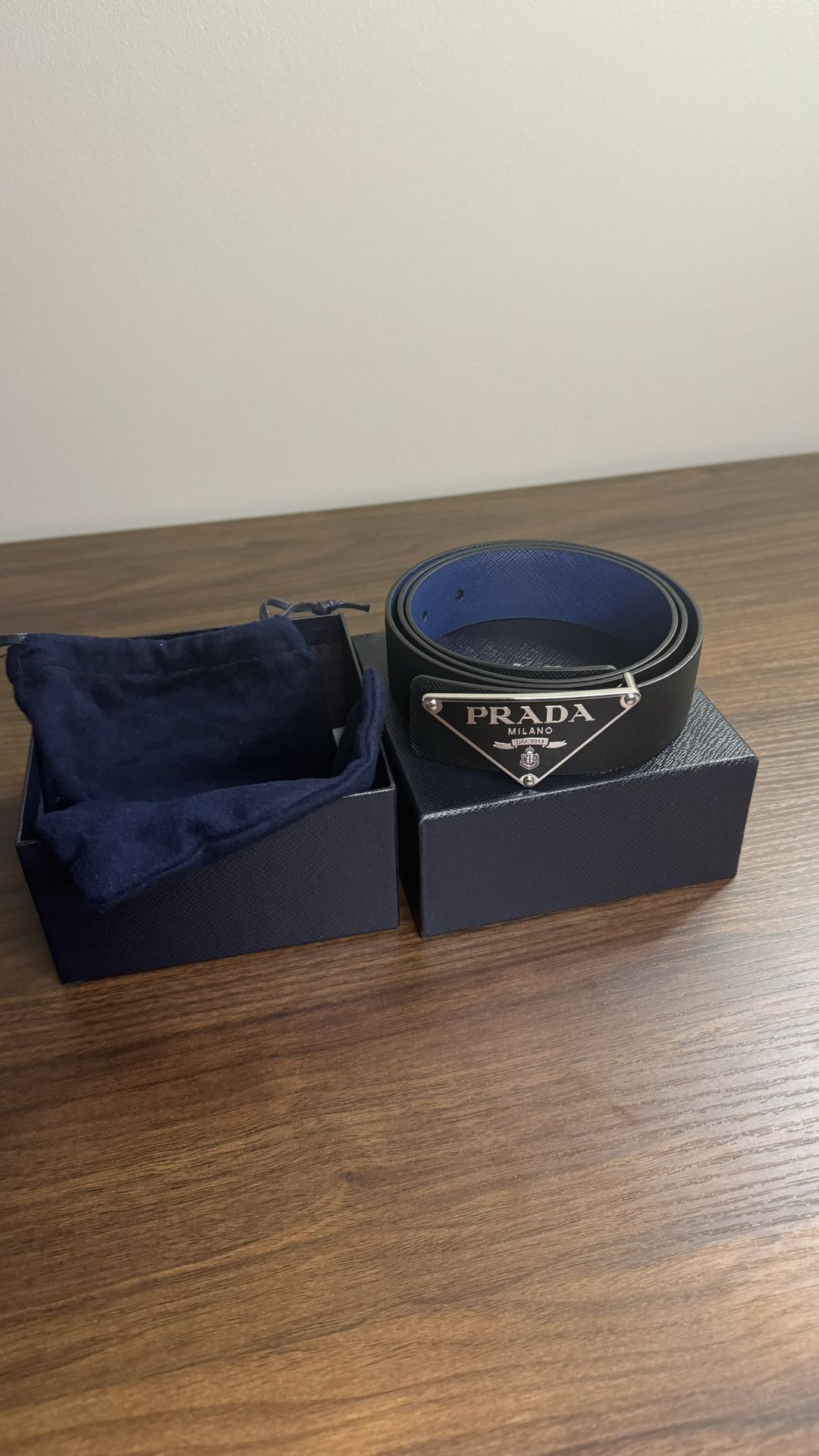 Prada Saffiano Belt Black/Blue Reversible Leather And Enameled Buckle