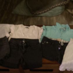 Three pairs of black shorts to size 5, one size 32 V-neck large short sleeve shirts, one Nike tank top, medium turquoise, call Larry shirt, mt, medium