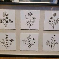 Black And White Contempary Watercolor Floral Collage Framed Art Nature 30x20 in