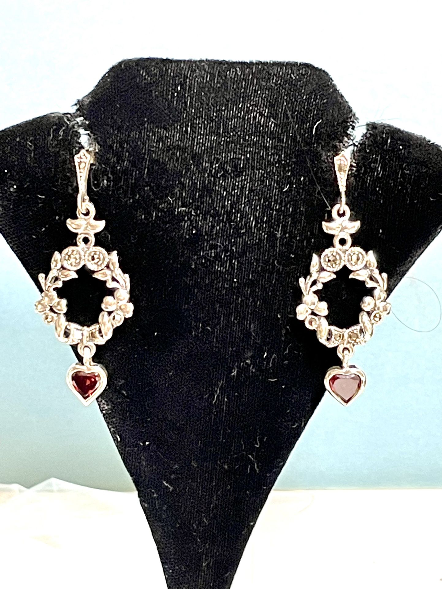 Sweet Sterling Garnet Heart Earrings