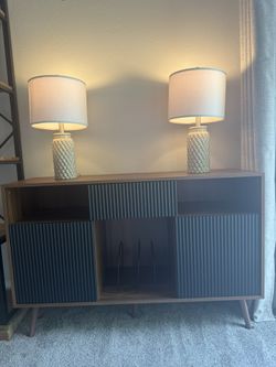 Record Media Center With Record Storage & Two Lamps