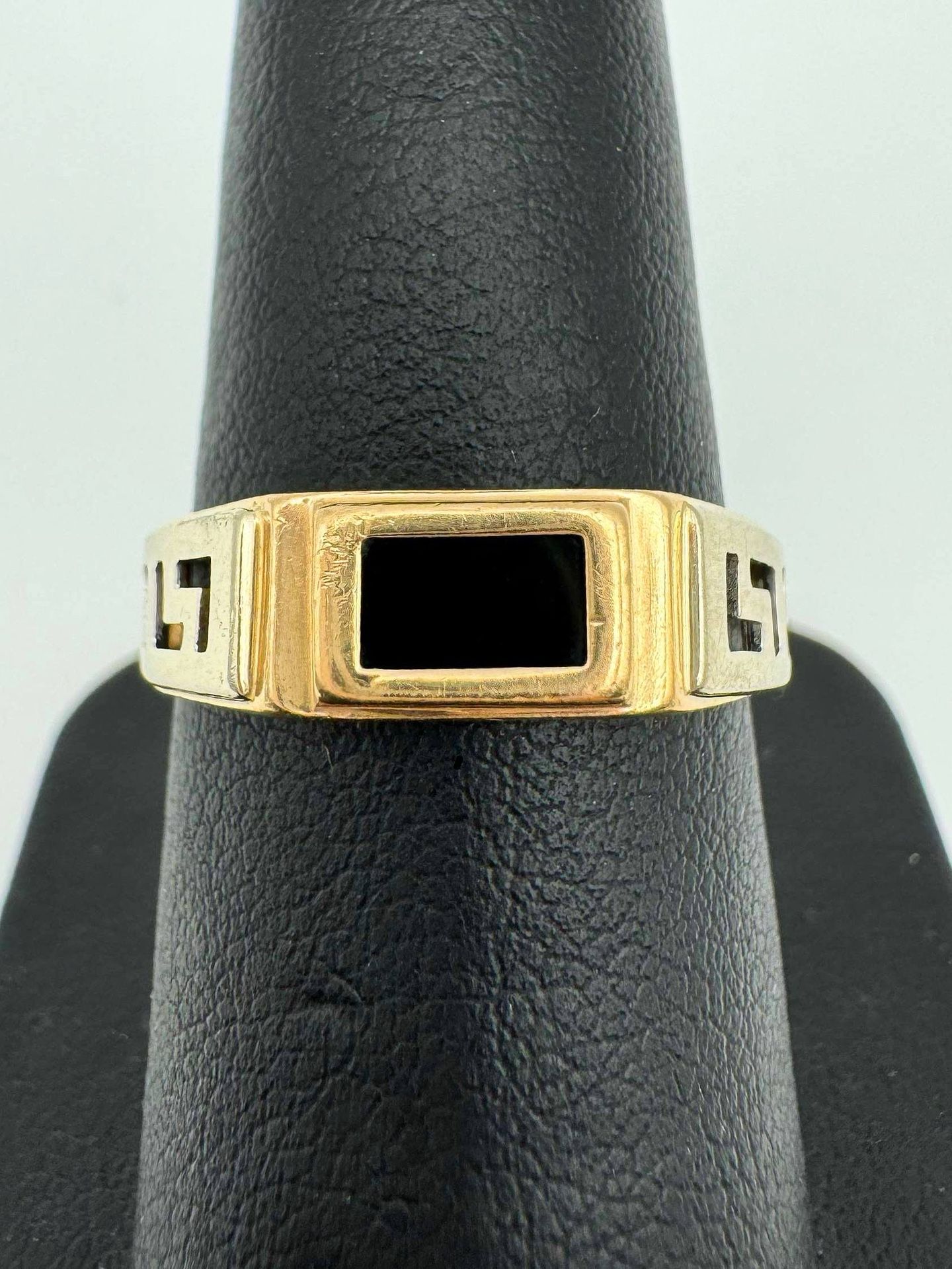 Jewelry 14k solid two tone gold Two Tone 0.5CT Black Onyx Stone Greek Design Ring Size 8.5