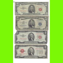 Lot Of 4 1963$5 red seal 1953blue seal $ $5 1953 $2 red seal 1928 $2 red seal