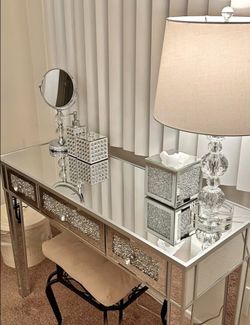 Silver Mirrored Console Table 42" with Crystal Inlay & 3 Drawers