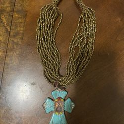 Antique Turquoise Cross Pendant with our Lady of Guadalupe