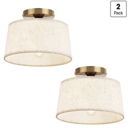 Hiluxia Gold 2P Modern Ceiling Light Fixture, 10 Inch Semi Flush Mount Lamp with Linen Shade