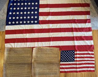 BEAUTIFUL VINTAGE SILK AMERICAN FLAGS AND COMMEMORATIVE 7 ARTICLES OF THE CONSTITUTION!