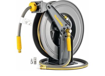 GLAHODEN Double Arm Retractable Air Hose Reel, 3/8 in × 65 ft Hybrid Hose Heavy Duty Steel Professional Air Compressor Hose Reel with 5 ft Lead in Max