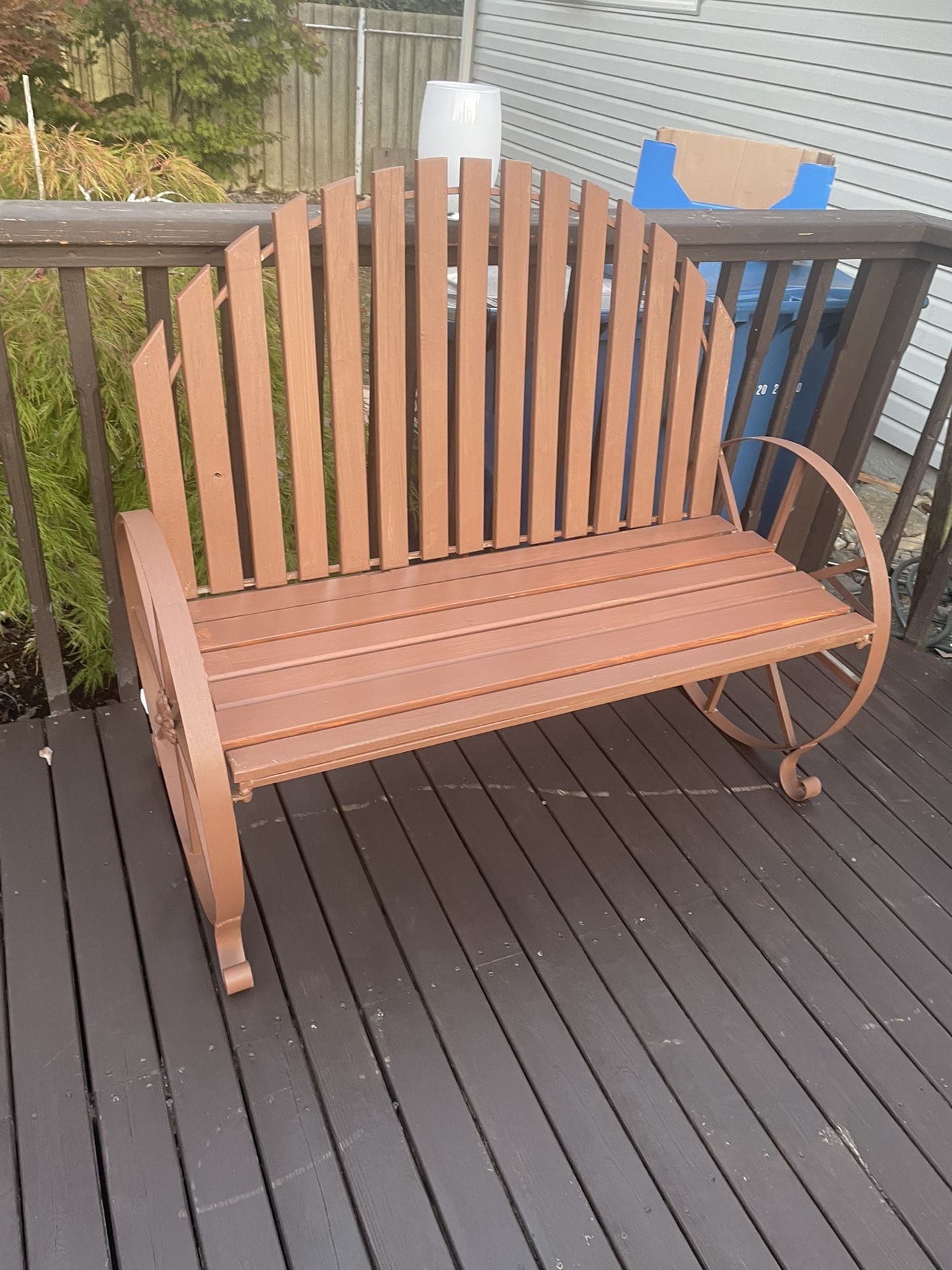 Wooden Wagon metal Wheel Bench, Rustic Outdoor Patio Weather Resistance Furniture, 2-Person Slatted Seat Bench with Backrest, Carbonized