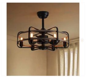 25 in. Black Farmhouse Ceiling Fan Caged Ceiling Fan Indoor with Lights - New
