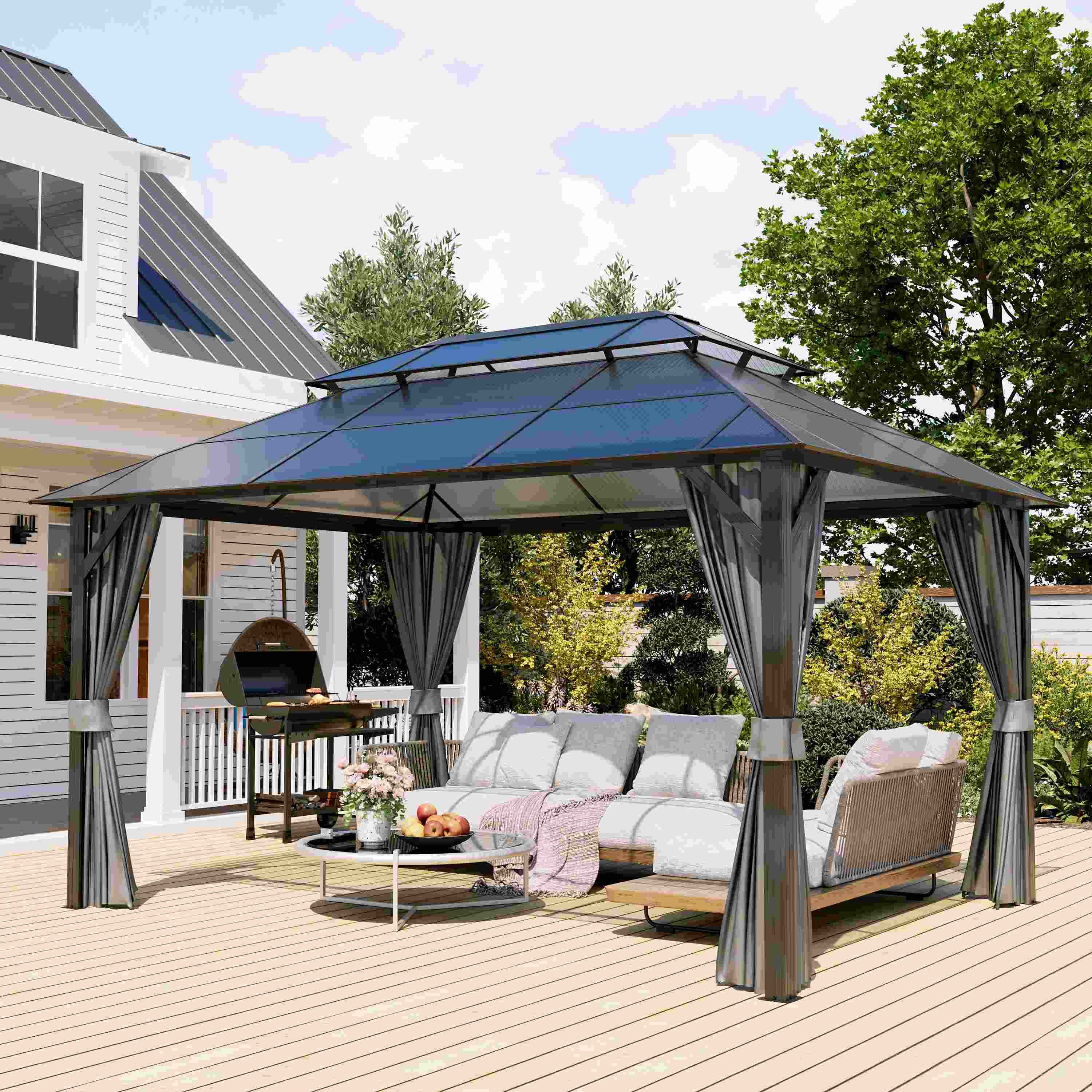 10'x13' Hardtop Gazebo, Outdoor Polycarbonate Double Roof Canopy, Aluminum Frame Permanent Pavilion with Curtains and Netting, Sunshade for Garden, Pa