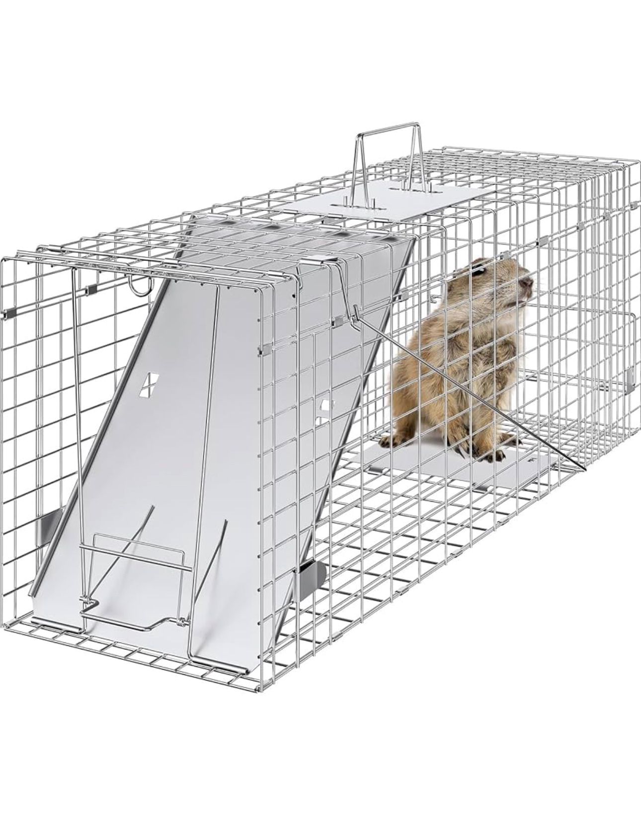 Live Animal Cage Trap, 31" x 10" x 12" Humane Cat Trap Galvanized Iron, Folding Animal Trap with Handle for Rabbits, Stray Cats, Squirrels, Raccoons,