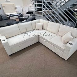 Beautiful Ivory 3-Pc Convertible Sectional Sofa With Pullout Bed, Storage, And USB Port 