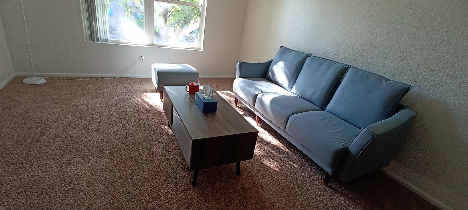 Blue Three Seater Sofa With Ottoman