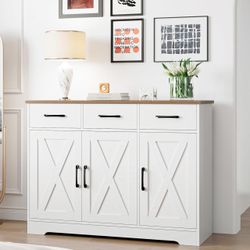 O406 $120 Modern Farmhouse Sideboard Buffet Cabinet, Barn Doors Buffet Storage Cabinet with Drawers and Shelves, Wood Coffee Bar Cabinet with Storag
