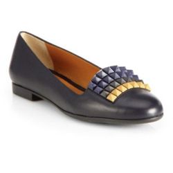 Fendi pyramid-stud black leather flats loafers moccasins size IT 39 US 9