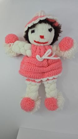 Handmade Vintage Yarn Doll Pink and White - Collectible Retro Toy 1980s