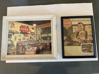 Vintage Coca-Cola Framed Art Set – Candy Shop Photo & Classic Ad (17x14 & 10x13)