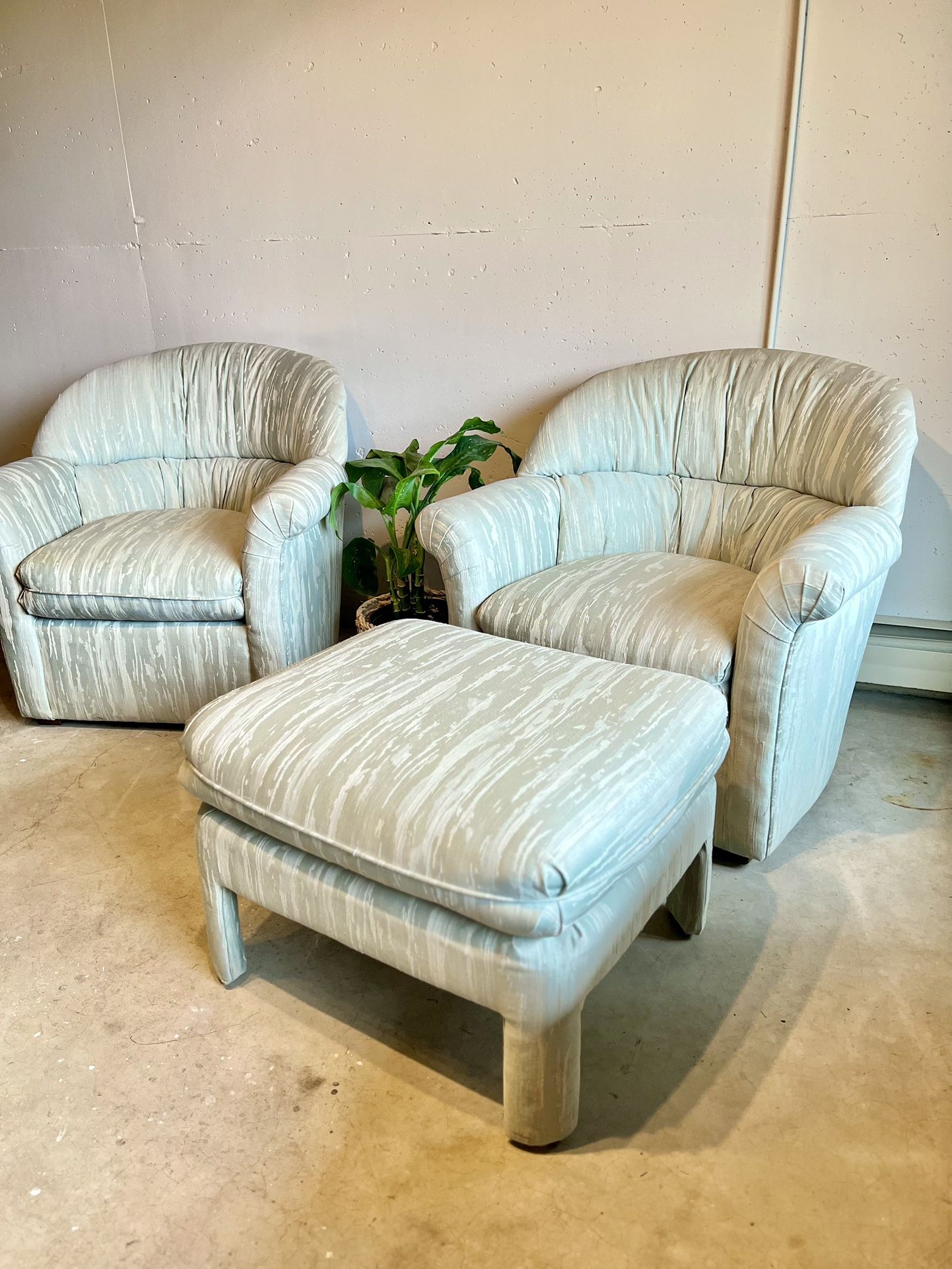 Vintage Barrel Chairs + Ottoman