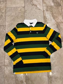 True Religion Long Sleeve Rugby Polo Shirt Yellow Green Black Mens Size Large