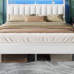 queen Size White Bed With Charging Station and Led Light