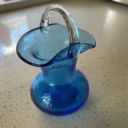 Blue Glass basket, Ruffled Top. Small 