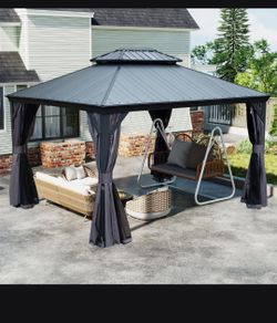 12'x16' Hardtop Gazebo with Resin Roof, Outdoor Metal Gazebo with Drainage Gutters, Permanent Heavy Duty Pavilion for Patio, Backyard and Deck, Curtai