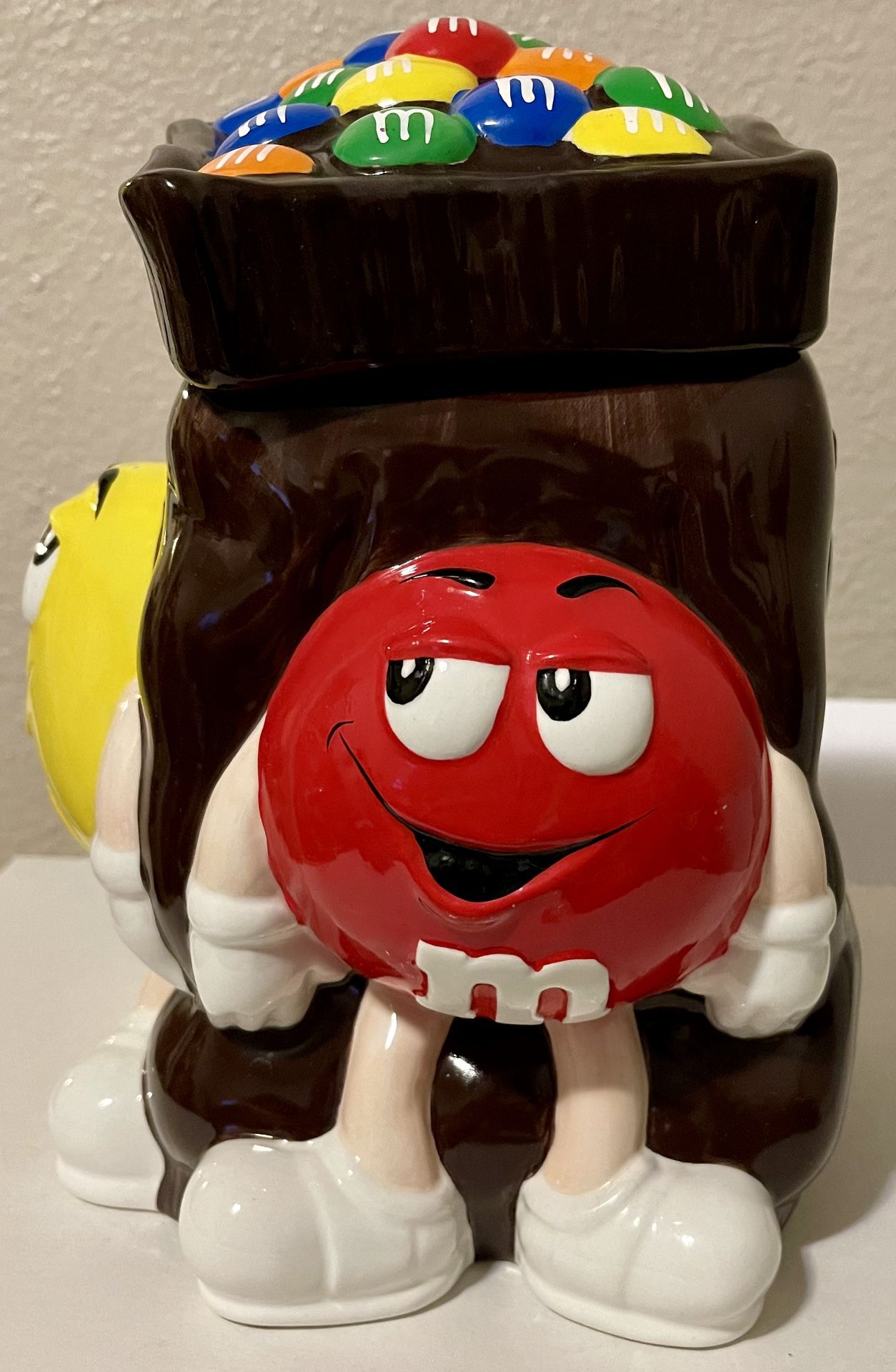 Vintage Ceramic M&M's Brown Cookie Jar Featuring Red, Yellow