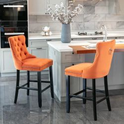 Orange Velvet Upholstered Barstools with Button Tufted Decoration and Wooden Legs [NEW]